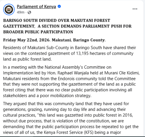 A statement by the Parliament of Kenya on Friday, May 22, 2026. PHOTO/Screengrab by People Daily Digital/https://www.facebook.com/ParliamentKE/Facebook