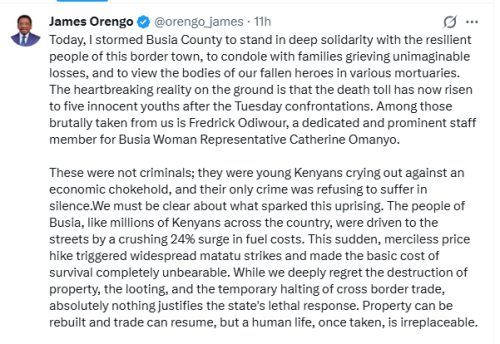 Siaya Governor James Orengo's X post on Saturday, May 23, 2026. PHOTO/Screengrab by People Daily Digital/@orengo_james/X