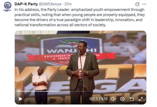 Democratic Action Party of Kenya (DAP-K) leader Eugene Wamalwa speaking during a youth empowerment programme on Saturday, May 23, 2026. PHOTO/Screengrab by People Daily Digital/@DAP_Kenya/X