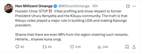 Former nominated senator Millicent Omanga's X post on Saturday, May 23, 2026. PHOTO/Screengrab by People Daily Digital/@MillicentOmanga/X