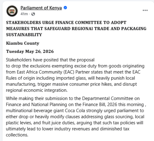 Parliamentof \kenya statement on May, 26, 2026. PHOTO/Screengrab by People Daily Digital/https://www.facebook.com/ParliamentKE/Facebook
