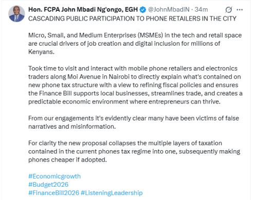 Treasury Cabinet Secretary John Mbadi's X post on May 26, 2027. PHOTO/Screengrab by People Daily Digital/@JohnMbadiN/X