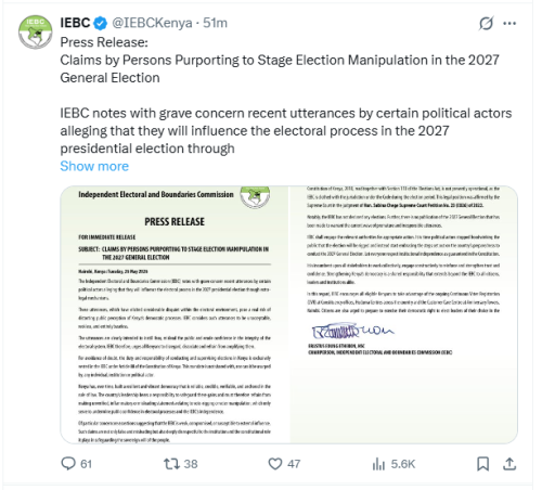 The Independent Electoral and Boundaries Commission's X post on May 26, 2026. PHOTO/Screengrab by People Daily Digital/@IEBCKenya/X