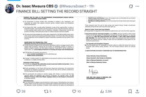 Government Spokesperson Isaac Mwaura's X post on May 26, 2026. PHOTO/Screengrab by People Daily Digital/@MwauraIsaac1/X