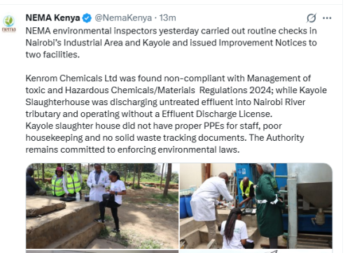 The National Environment Management Authority (NEMA) X post on Wednesday, May 27, 2026. PHOTO/Screengrab by People Daily Digital/@NemaKenya/X