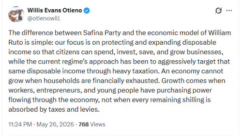 Safina Party deputy leader Willis Otieno's X post on May 26, 2026. PHOTO/Screengrab by People Daily Digital/@otienowill/X