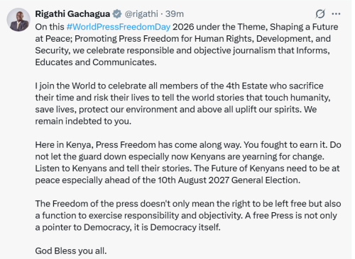 Former Deputy President Rigathi Gachagua's X post on May 3, 2026. PHOTO/Screengrab by People Daily Digital/@rigathi/X