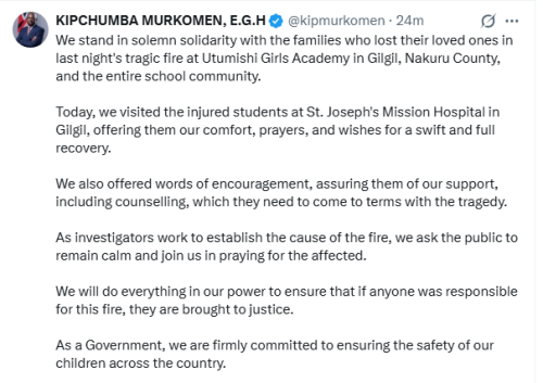 Interior Cabinet Secretary Kipchumba Murkomen's X post on May 28, 2026. PHOTO/Screengrab by People Daily Digital/@kipmurkomen/X