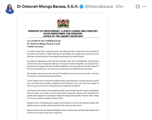 Environment, Climate Change and Forestry Cabinet Secretary Dr Deborah Barasa's X post on Thursday, May 28, 2026. PHOTO/Screengrab by People Daily Digital/@DeboraBarasa/X