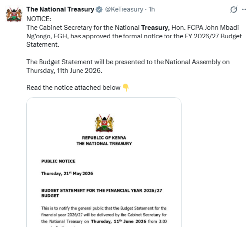 The National Treasury X post on Thursday, May 28, 2026. PHOTO/Screengrab by People Daily Digital/@KeTreasury/X