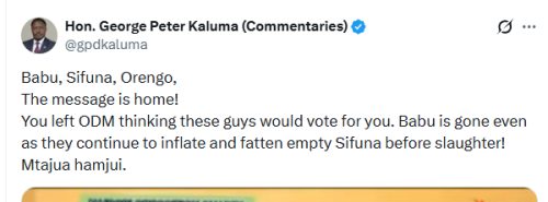 Homa Bay Town MP Peter Kaluma's X post on May 29, 2026. PHOTO/Screengrab by People Daily Digital/@gpdkaluma/X