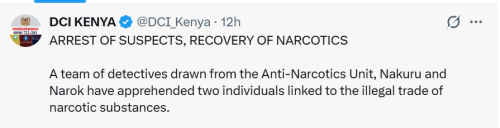 A statement by the Directorate of Criminal Investigations(DCI) on May 2, 2026. PHOTO/Screengrab by People Daily Digital/@DCI_Kenya/X