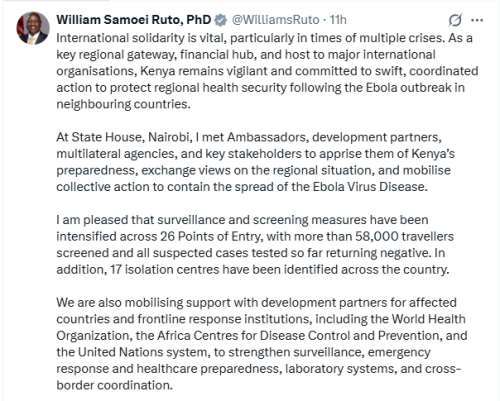 President William Ruto's X post on May 28, 2026. PHOTO/Screengrab by People Daily Digital/@WilliamsRuto/X