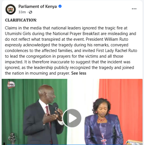 Parliament of Kenya statement on Friday, May 29, 2026. PHOTO/Screengrab by People Daily Digital/https://web.facebook.com/ParliamentKE/Facebook