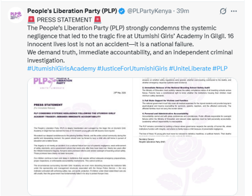 The People’s Liberation Party (PLP) X post on Friday, May 29, 2026. PHOTO/Screengrab by People Daily Digital/@PLPartyKenya/X