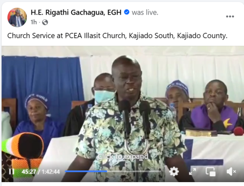 Rigathi Gachagua speaking on Sunday, May 3, 2026, at PCEA Illasit Church, Kajiado South, Kajiado County. PHOTO/Screengrab by People Daily Digital/https://web.facebook.com/DPGachagua/FB