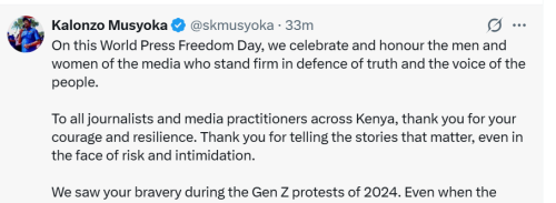 Kalonzo Musyoka X post on May 3, 2026. PHOTO/Screengrab by People Daily Digital/@skmusyoka/X