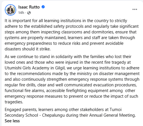 Former Bomet Governor Isaac Rutto's X post on May 30, 2026. PHOTO/Screengrab by People Daily Digital/https://web.facebook.com/IsaacRuttoGov/X