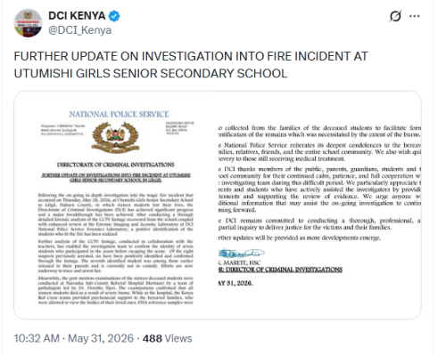 The Directorate of Criminal Investigations (DCI) X post on Sunday, May 31, 2026. PHOTO/Screengrab by People Daily Digital/@DCI_Kenya/X