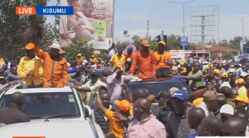 Orange Democratic Movement(ODM) Leader Oburu Odinga arrival at Kisumu rally. PHOTO/Screengrab by People Daily Digital/https://www.youtube.com/watch?v=jE2pYNXXuGk/X