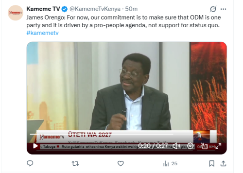 Siaya Senator James Orengo speaking during an interview with Kameme TV on May 6, 2026. PHOTO/Screengrab by People Daily Digital/@KamemeTvKenya/X