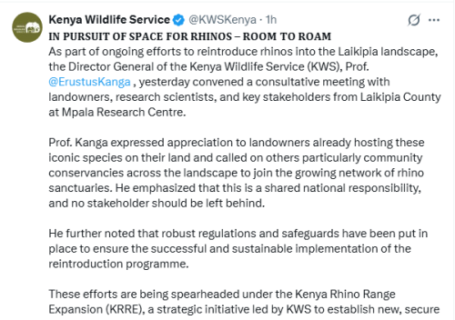 The Kenya Wildlife Service (KWS) X post on Wednesday, May 6, 2026. PHOTO/Screengrab by People Daily Digital/@KWSKenya/X