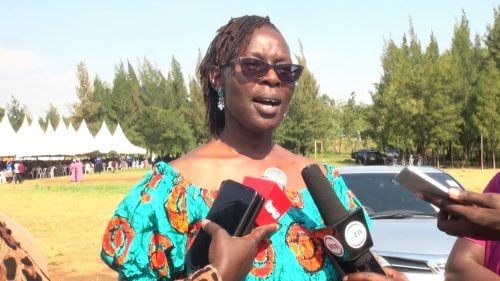 Nyanam Widows founder and Executive Director Jackie Odhiambo addresses the media during International Widows Day celebrations in Kisumu on June 23, 2026. PHOTO/Viola Kosome