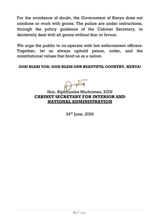 Page 3 of Murkomen's statement urging peaceful protests. PHOTO/https://web.facebook.com/OnesimusKipchumbaMurkomen