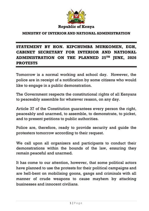 Page 1 of Murkomen's statement urging peaceful protests. PHOTO/https://web.facebook.com/OnesimusKipchumbaMurkomen