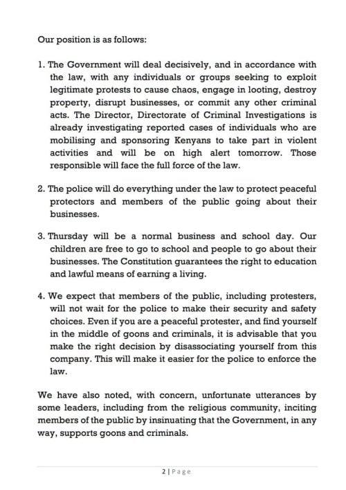 Page 2 of Murkomen's statement urging peaceful protests. PHOTO/https://web.facebook.com/OnesimusKipchumbaMurkomen