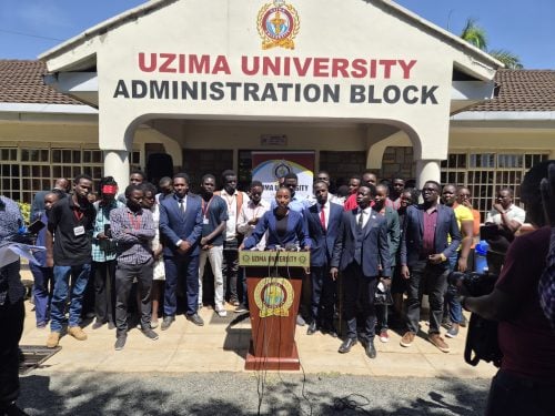 Student leaders of Uzima University address the media in support of the institution’s School of Medicine. PHOTO/Viola Kosome