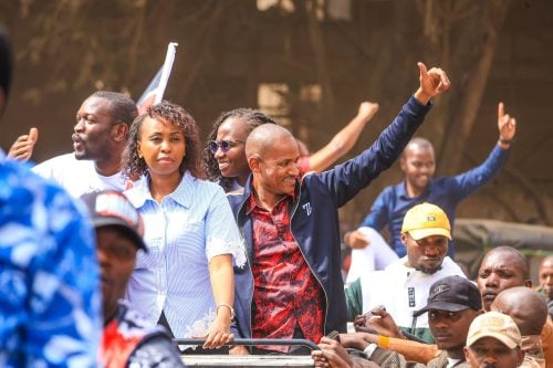 Jubilee Party Deputy Organising Secretary Pauline Njoroge with Linda Mwananchi movement leaders Edwin Sifuna and Babu Owino during the Thika rally on Sunday, June 14, 2026. PHOTO/https://www.facebook.com/babuowinongili