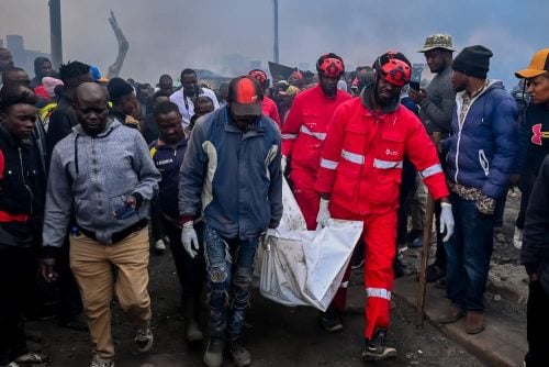 The Kenya Red Cross personnel conduct a rescue operation during the Gikomba market fire on Sunday, June 21, 2026. PHOTO/@KenyaRedCross/X