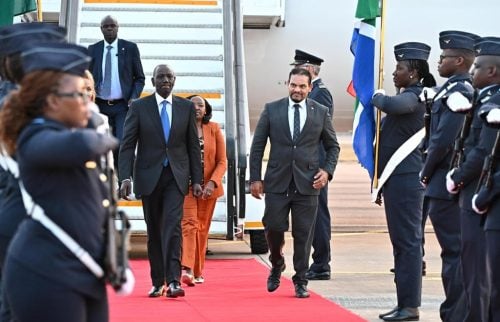 William Ruto and Rachel Ruto being welcomed in South Africa. PHOTO/@GovernmentZA/X