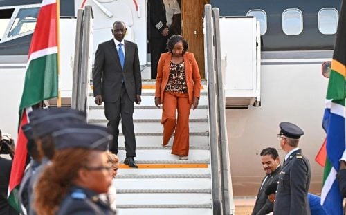 William Ruto and Rachel Ruto after arriving in South Africa. PHOTO/@GovernmentZA/