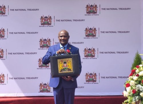 Cabinet Secretary John Mbadi lifts the budget briefcase at the National Treasury ahead of the #Budget2026/27 Statement in Parliament.