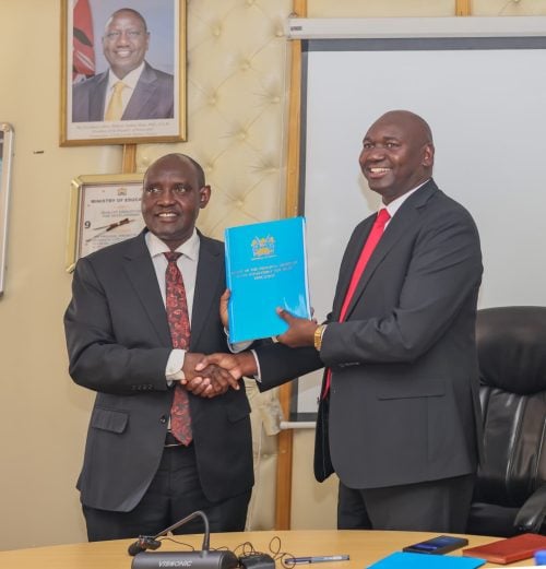 Tourism PS Julius Bitok handing over the docket to newly appointed Basic Education Principal Secretary John Ololtuaa. PHOTO/@JuliusKBitok