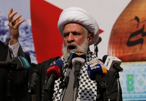 Hezbollah leader Naim Qassem during a past event. PHOTO/@maxosintintel/X