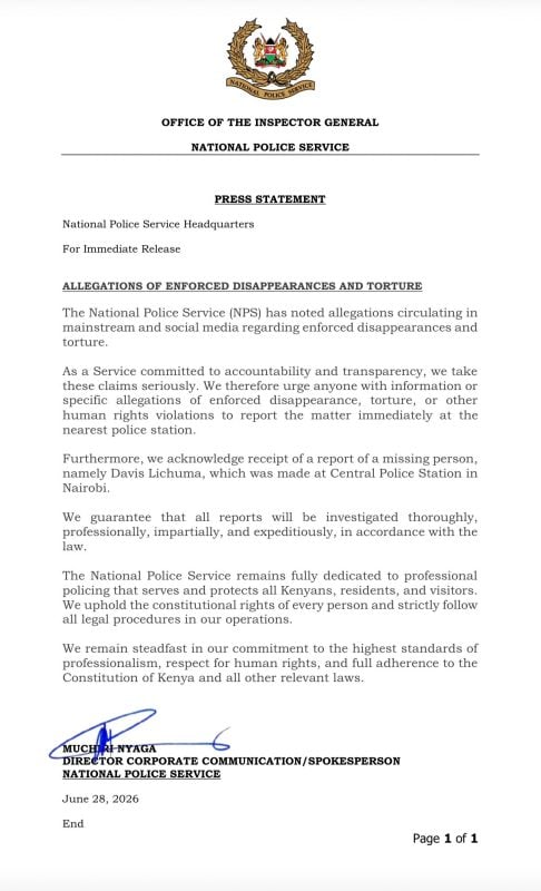 NPS statement on abductions. PHOTO/@NPSOfficial_KE/X