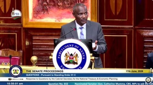 Treasury Cabinet Secretary John Mbadi appearing at the Senate on June 17, 2026. PHOTO/@Senate_KE/x
