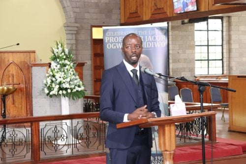 Raila Junior speaks during the requiem mass in Karen. PHOTO/@Railajunior/X