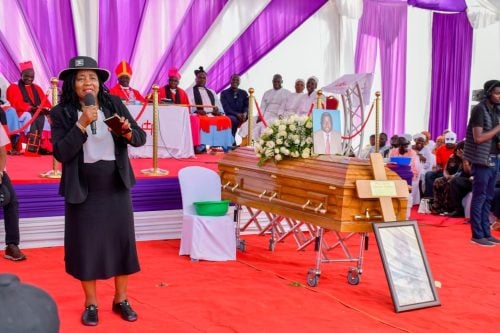 Ida Odinga addressing mourners during the burial in Gem, Siaya County. PHOTO/@HE_IdaOdinga/X