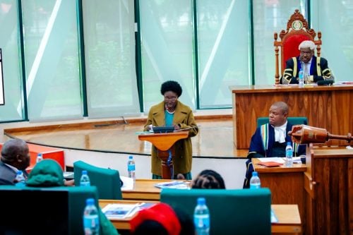 Rebecca Alitwala Kadaga presents the EAC 2026/2027 budget estimates before the East African Legislative Assembly at the EAC Headquarters in Arusha, Tanzania. PHOTO/@jumuiya/X