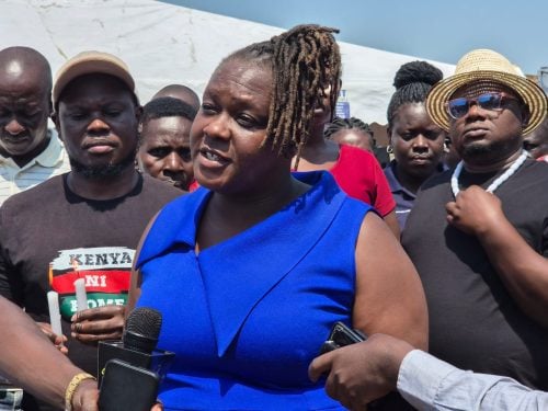 Chairperson of Kenya Champions for Justice, Joyce Omolo, speaks during the press briefing in Kisumu, urging the government to fully implement the Victim Protection Act and strengthen protections for survivors of police abuse. PHOTO/Viola Kosome