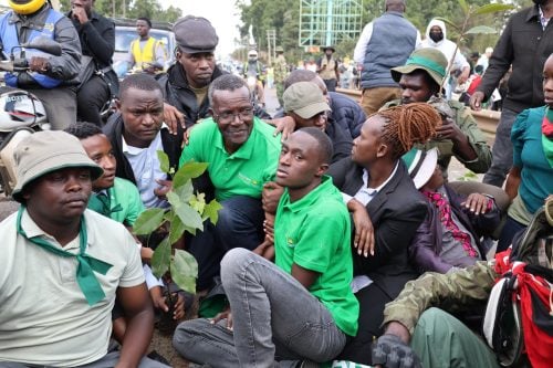 Former Chief Justice David Maraga alongside other activists during their arrest along Lang'ata Road. PHOTO/@UGMParty/X