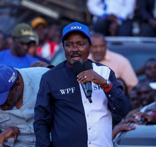 Wiper Patriotic Front leader Kalonzo Musyoka speaks during one of the United Opposition's rallies in Western Kenya. PHOTO/@skmusyoka/X