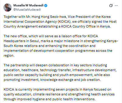 Statement on KOICA office deal. PHOTO/Screengrab by People Daily Digital/@MusaliaMudavadi/X