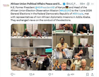 Statement on Uhuru Kenyatta’s meeting with non-African diplomatic missions in Addis Ababa. PHOTO/Screengrab by People Daily Digital/@AUC_PAPS/X