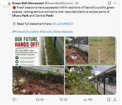 Statement on the encroachment of Uhuru Park and Central Park. PHOTO/Screengrab by People Daily Digital/@GreenBeltMovmnt/X