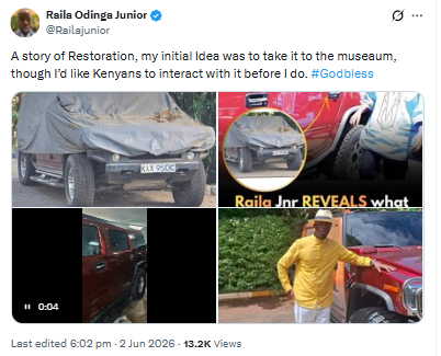 Raila Odinga Jr's post on the restoration of his late father's iconic Hummer. PHOTO/Screengrab by People Daily Digital/@RailaJunior/X
